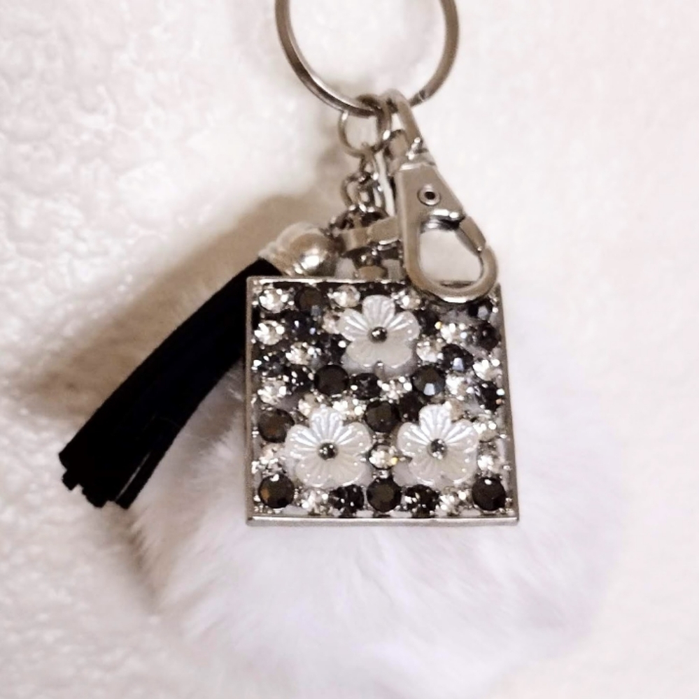 White Pom Pom Bag Charm-Keychain w/Perfume Bottle Charm & Black Tassel